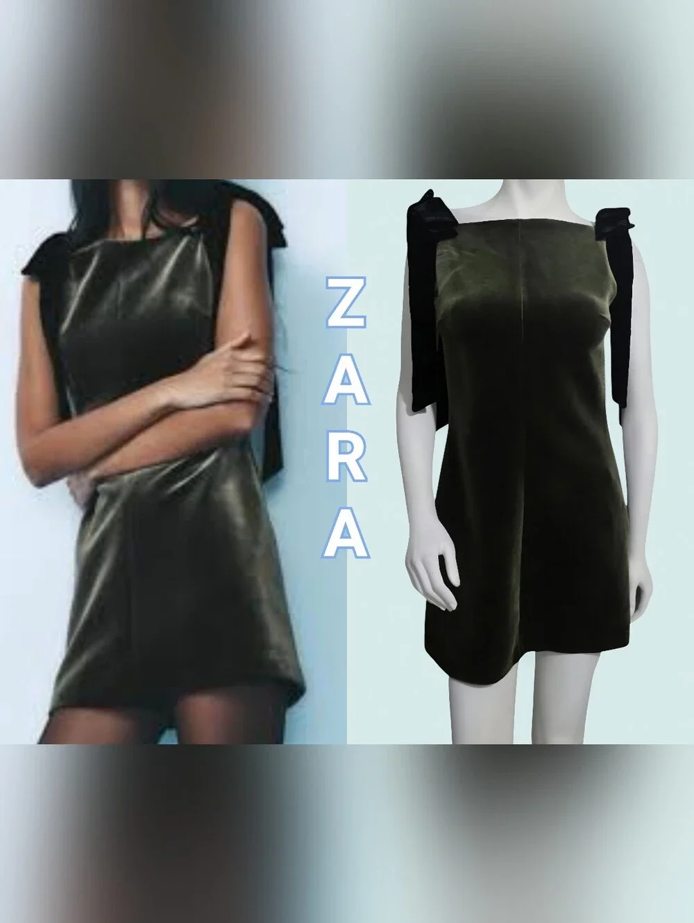 Zara Dark Olive Velvet Mini Dress with Shoulder Bows